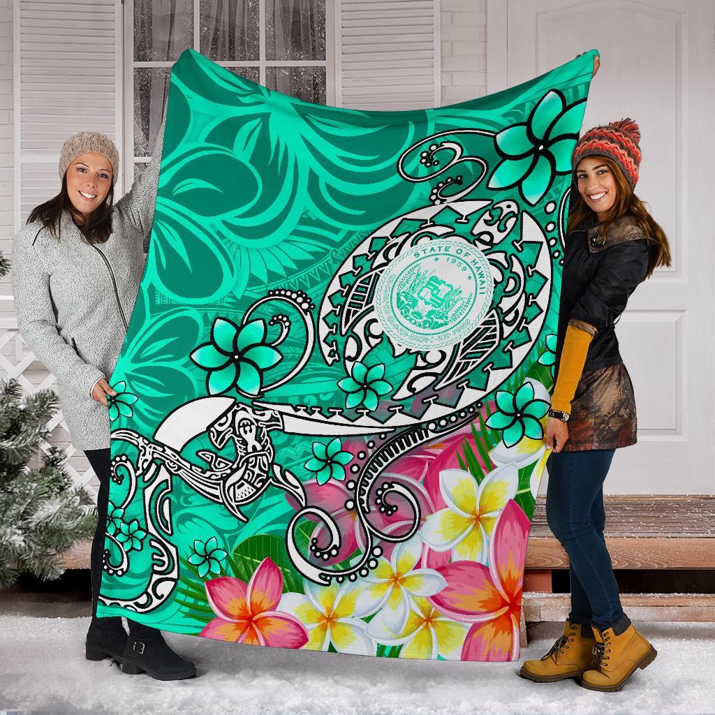 Hawaii Polynesian Premium Blanket - Hawaii Seal With Turtle Plumeria (Turquoise) - Polynesian Pride