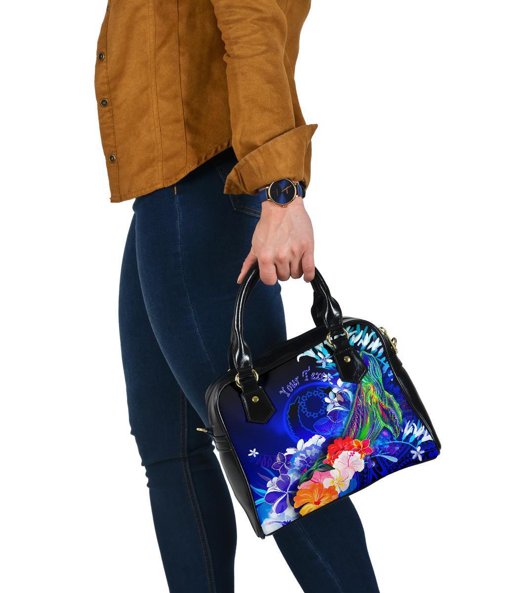 Pohnpei Custom Personalised Shoulder Handbag - Humpback Whale with Tropical Flowers (Blue) - Polynesian Pride
