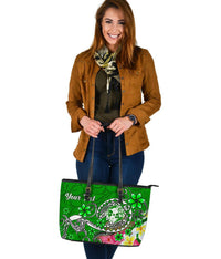 Tonga Custom Personalised Large Leather Tote Bag - Turtle Plumeria (Green) - Polynesian Pride