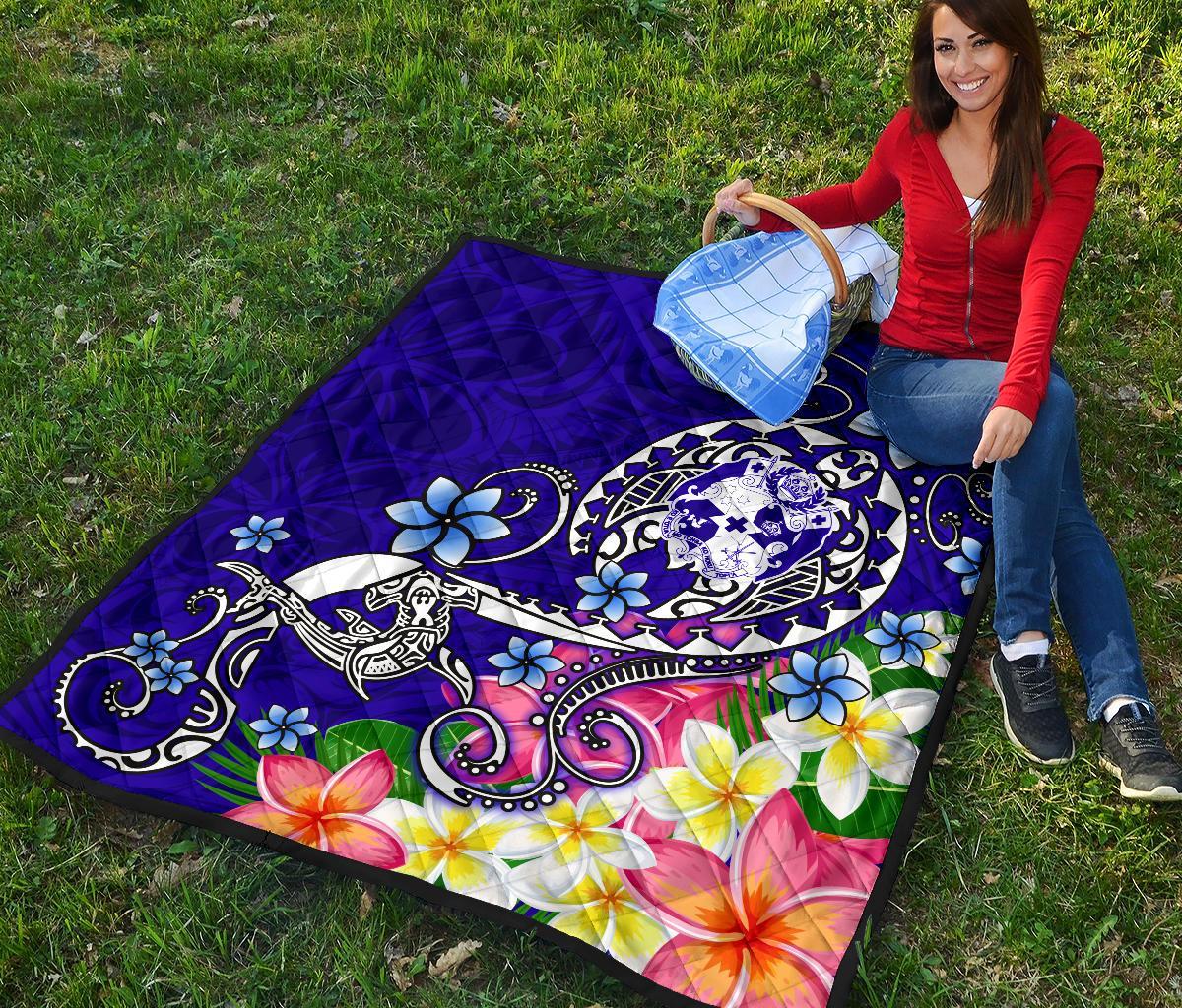 Tonga Premium Quilt - Turtle Plumeria (Blue) - Polynesian Pride