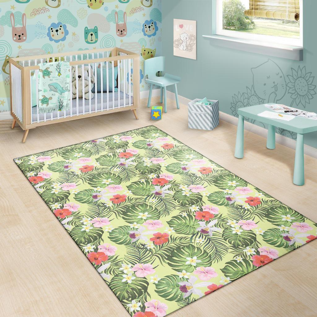 Tropical Hibiscus, Plumeria Green Rug - Polynesian Pride