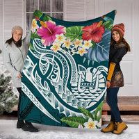 Tahiti Polynesian Premium Blanket - Summer Plumeria (Turquoise) - Polynesian Pride