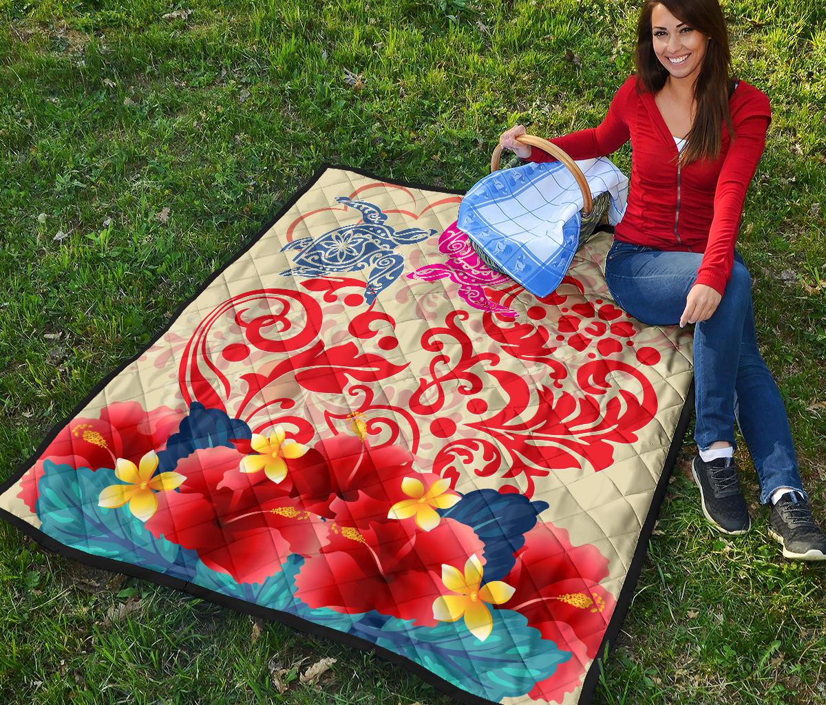 Hawaii Turtle Couple Hibiscus Valentine Pattern Premium Quilt - Romance Style - AH - Polynesian Pride