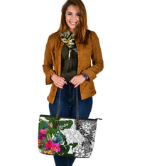 Kosrae Large Leather Tote Bag White - Turtle Plumeria Banana Leaf - Polynesian Pride