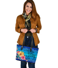Hawaii Small Leather Tote Bag Hibiscus Plumeria Polynesian Blue AH - Polynesian Pride