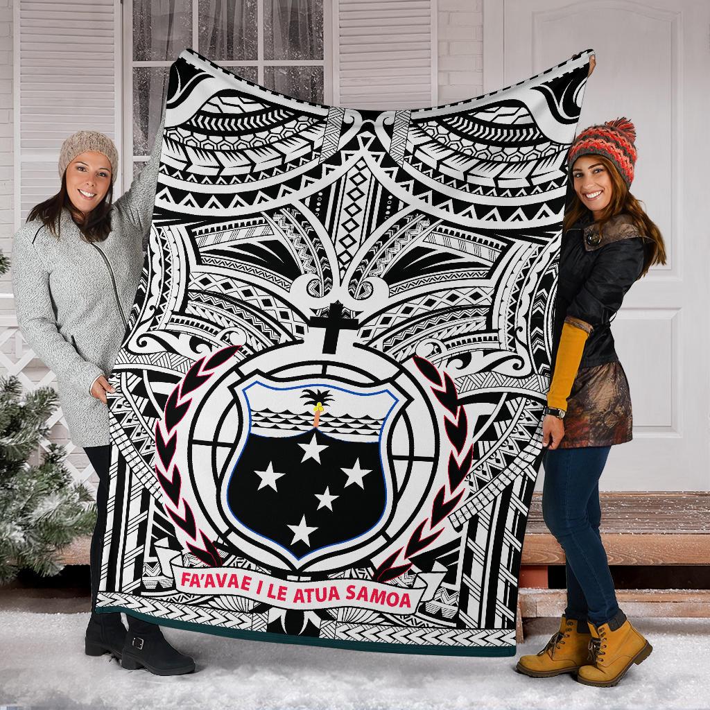 Samoa Premium Blanket - Samoa Coat Of Arm, Polynesian Tattoo White And Black - Polynesian Pride