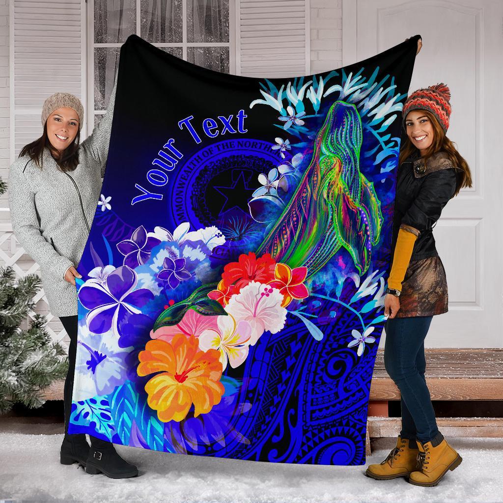 CNMI Custom Personalised Premium Blanket - Humpback Whale with Tropical Flowers (Blue) - Polynesian Pride