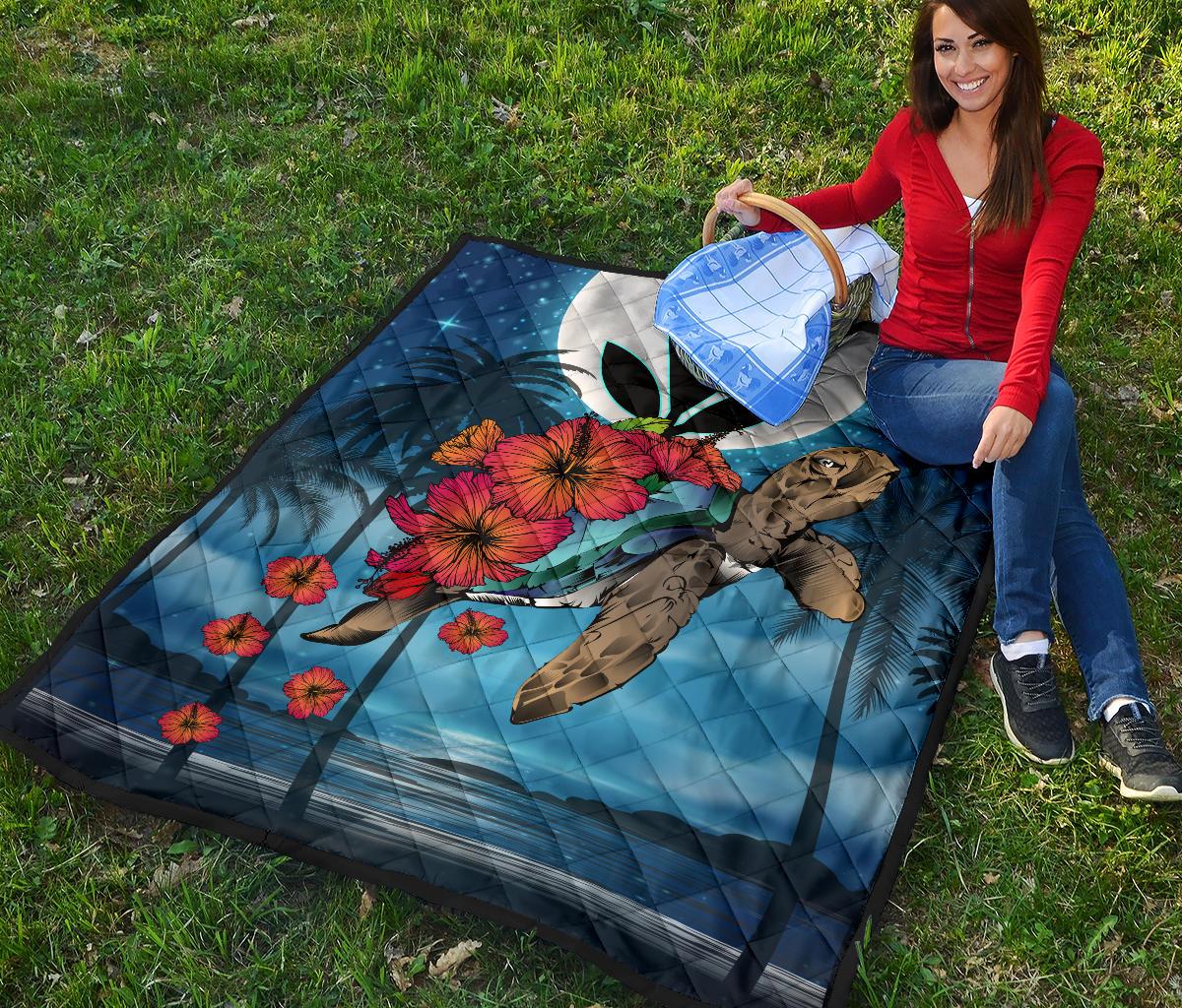 Hawaii Turtle Kanaka Hibiscus Stary Night Premium Quilt - Polynesian Pride