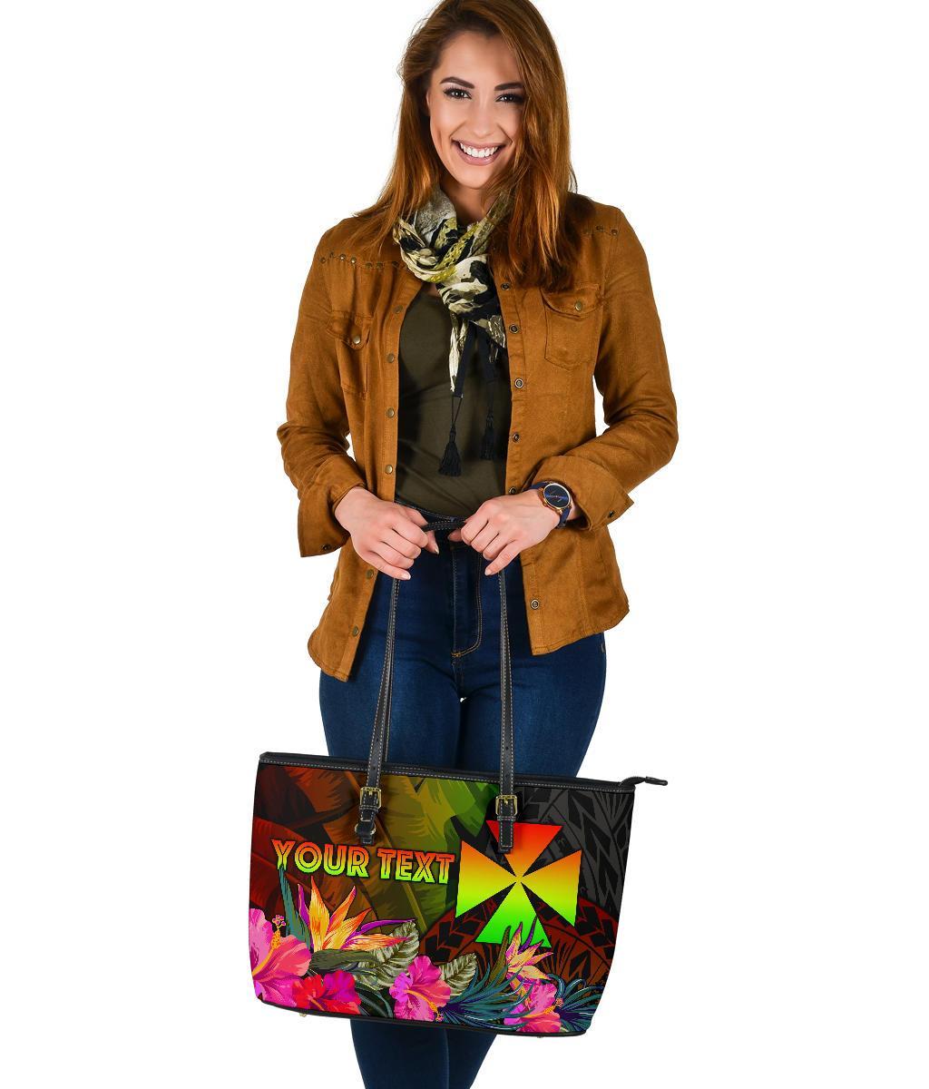 Wallis and Futuna Polynesian Personalised Large Leather Tote Bag - Hibiscus and Banana Leaves - Polynesian Pride