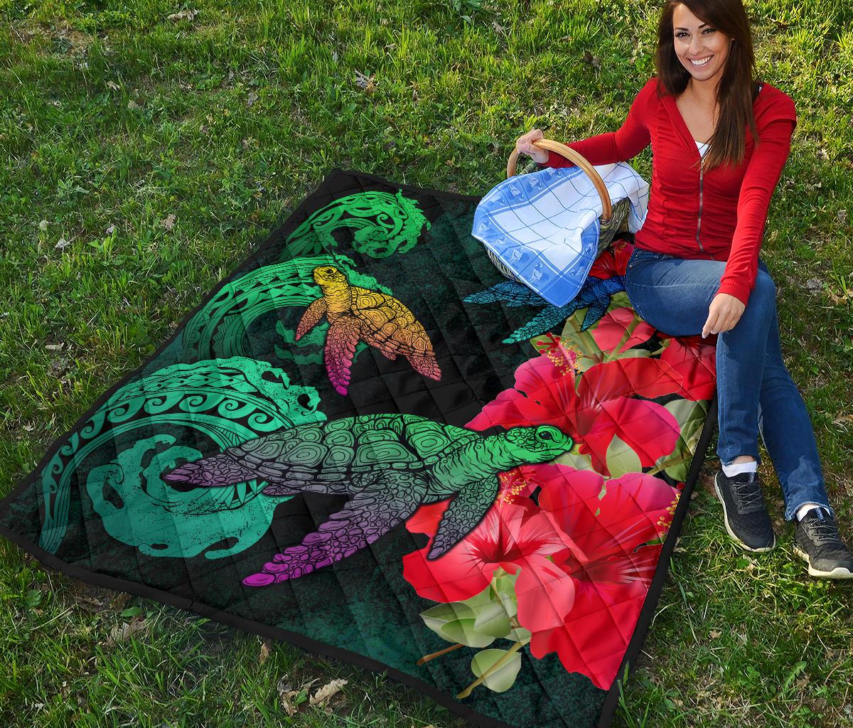 Hawaii Turtle Wave Hibiscus Premium Quilt - Unia Style - Polynesian Pride