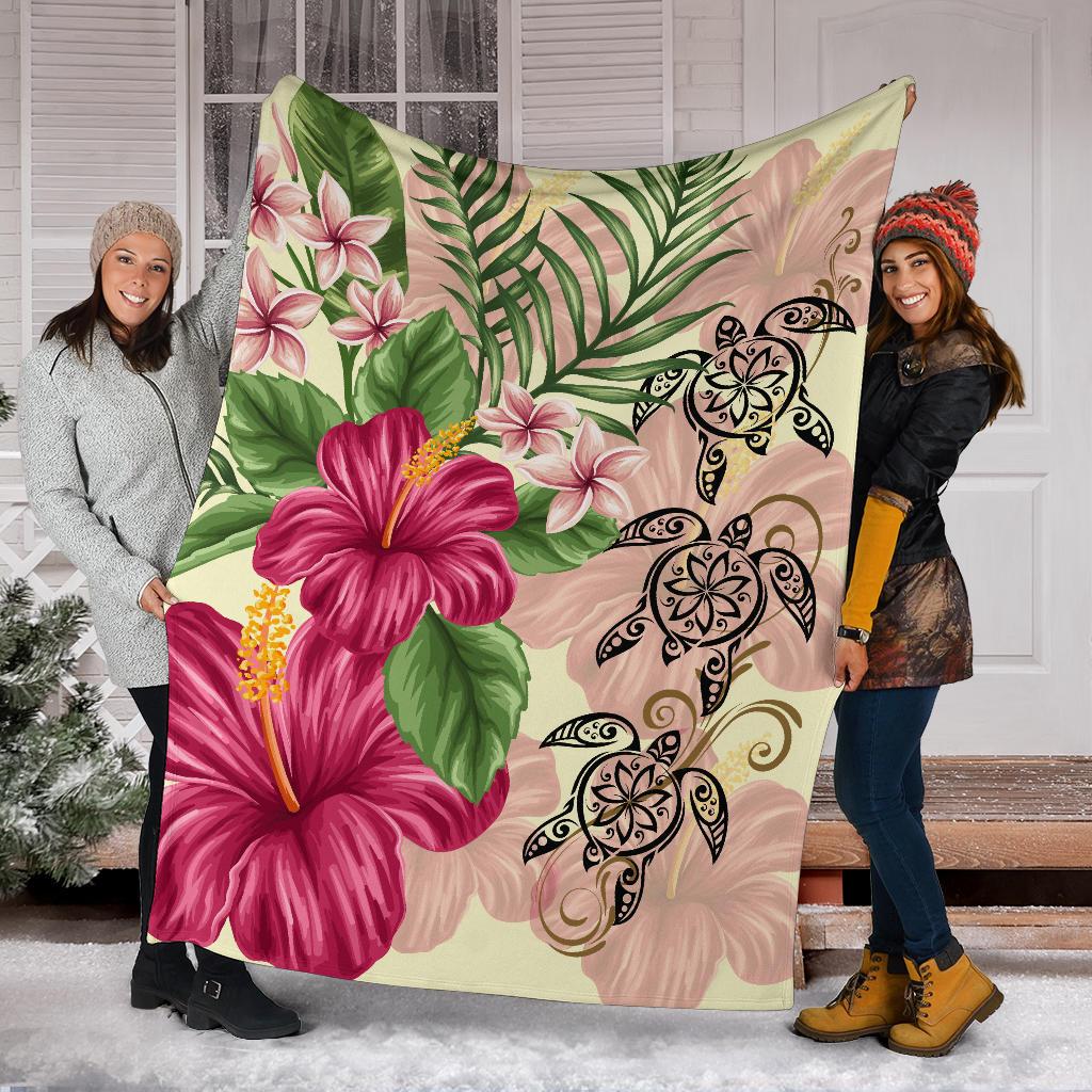 Hawaii Turtle Hibiscus Plumeria Beige Style - Premium Blanket AH - Polynesian Pride