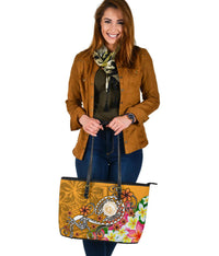 Hawaii Polynesian Large Leather Tote Bag - Hawaii Seal With Turtle Plumeria (Gold) - Polynesian Pride