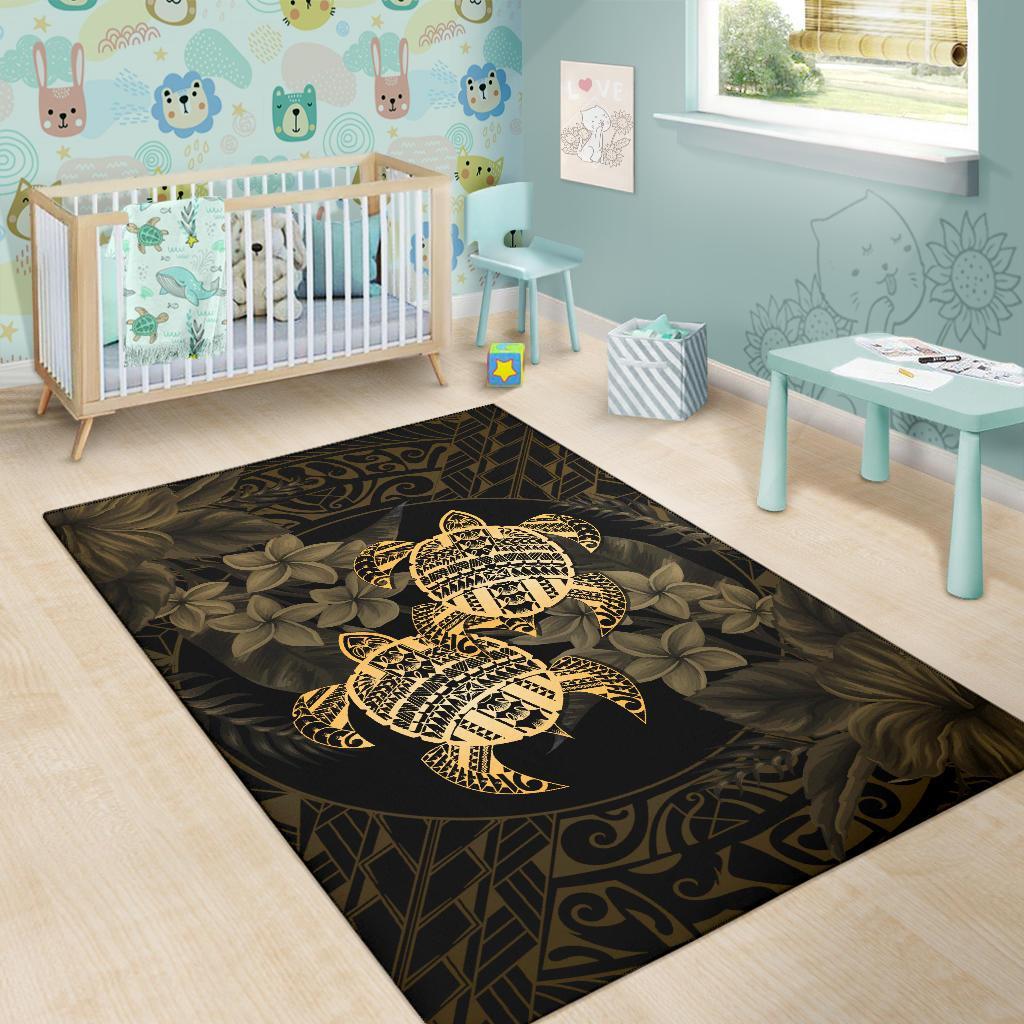 hawaii Rug - Turtle Strong Pattern Hibiscus Plumeria Gold AH - Polynesian Pride