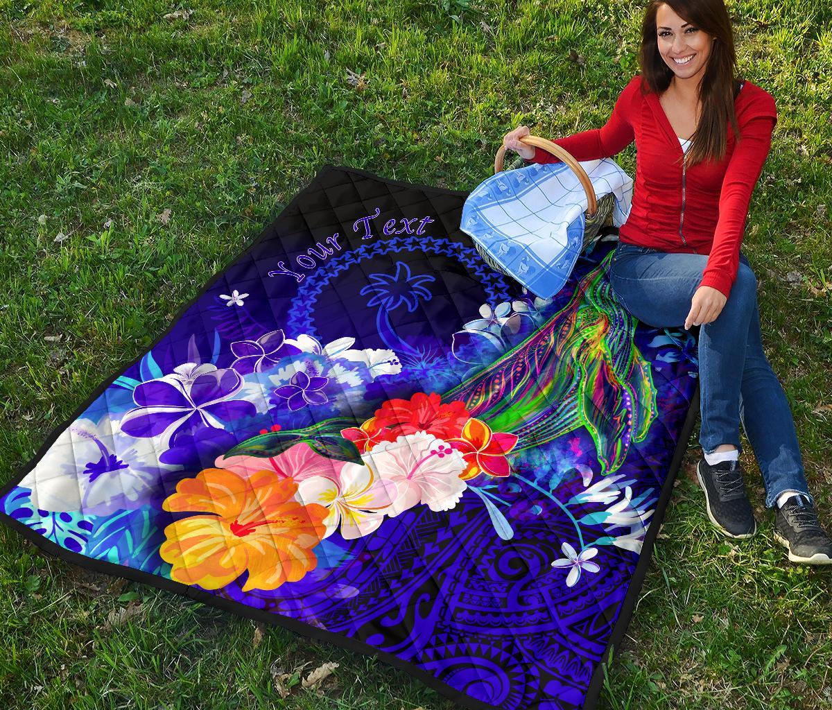 Custom Personalised Chuuk Premium Quilt - Humpback Whale with Tropical Flowers (Blue) - Polynesian Pride