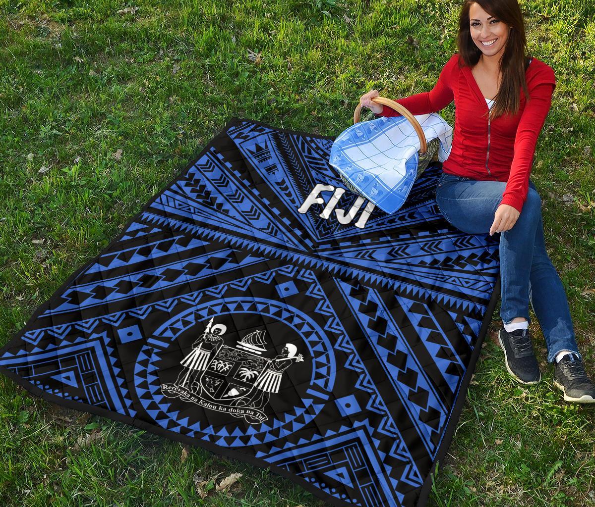 Fiji Premium Quilt - Fiji Seal With Polynesian Tattoo Style (Blue) - Polynesian Pride
