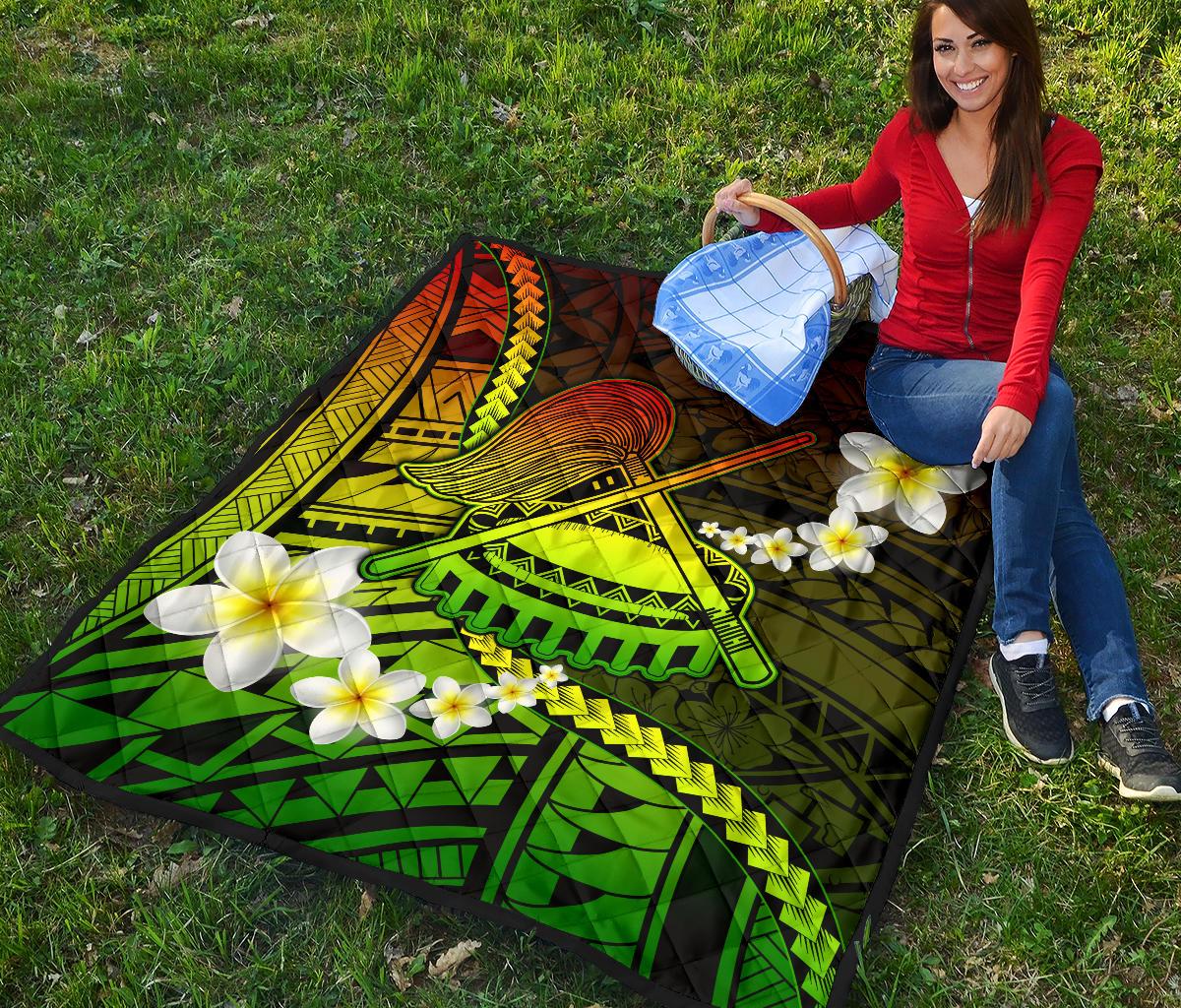 American Samoa Premium Quilt - Seal Of American Samoa With Plumeria Flowers - Polynesian Pride