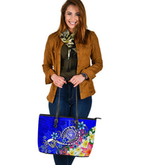 American Samoa Polynesian Large Leather Tote Bag - Turtle Plumeria (Blue) - Polynesian Pride