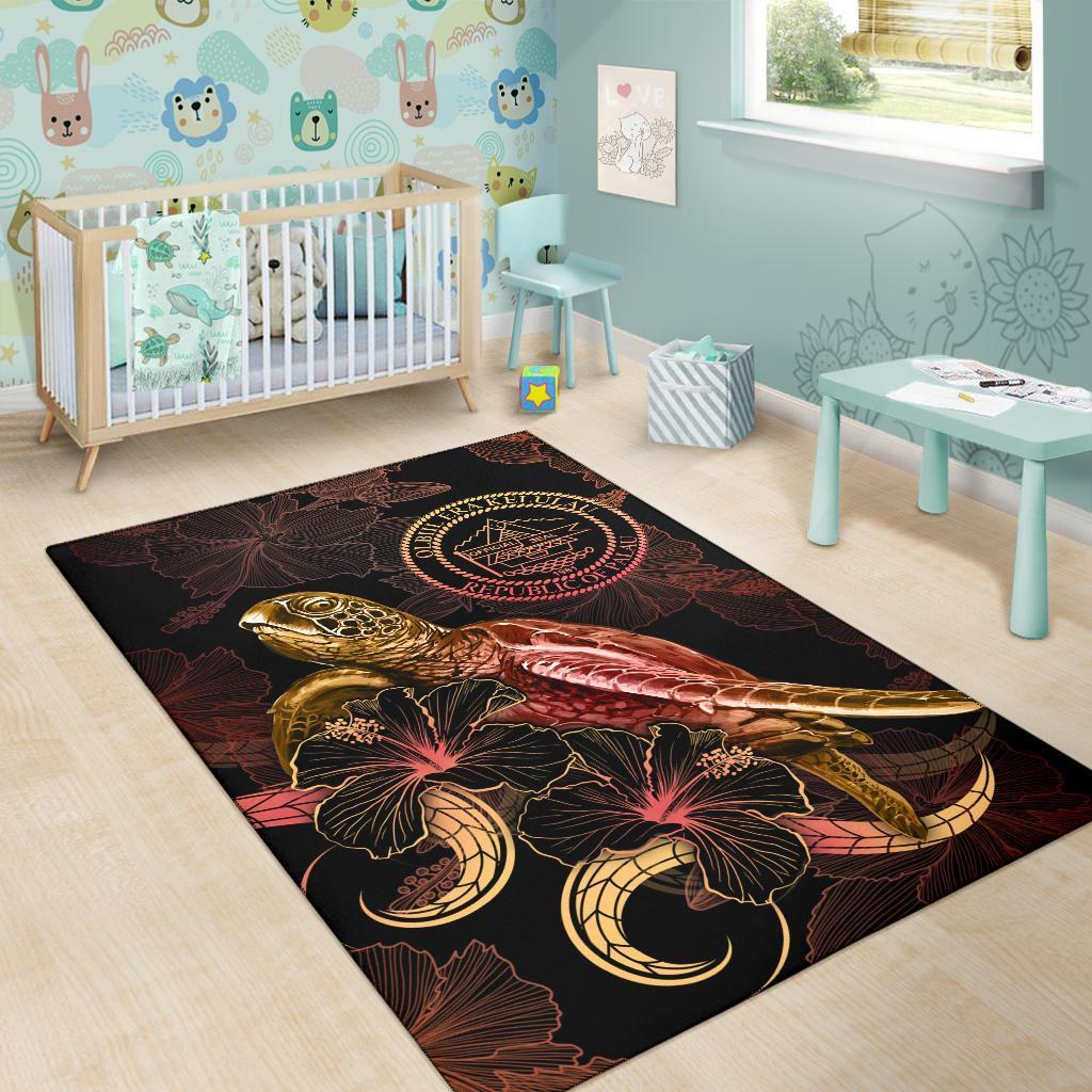 Palau Polynesian Area Rugs - Turtle With Blooming Hibiscus Gold - Polynesian Pride
