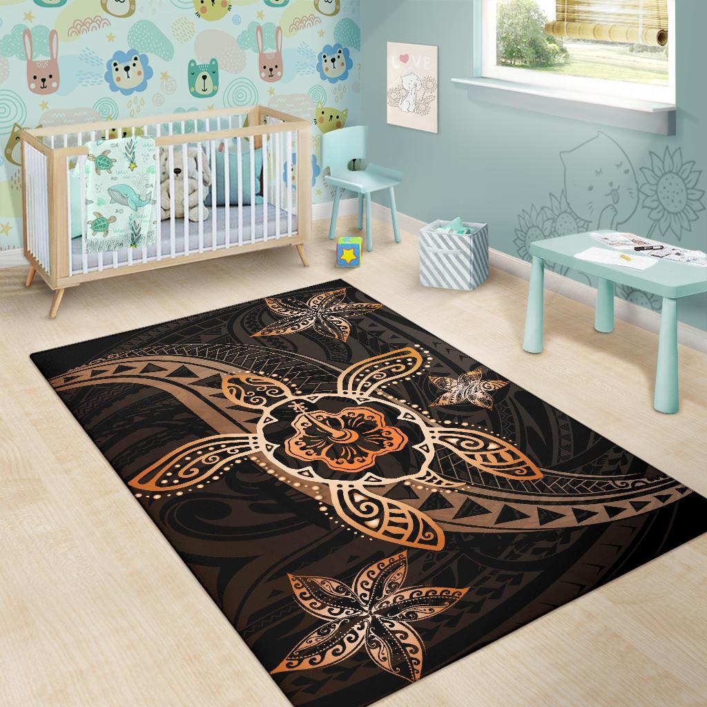 Kanaka Map Hibiscus Plumeria Turtle Art Polynesian Area Rug Orange AH - Polynesian Pride