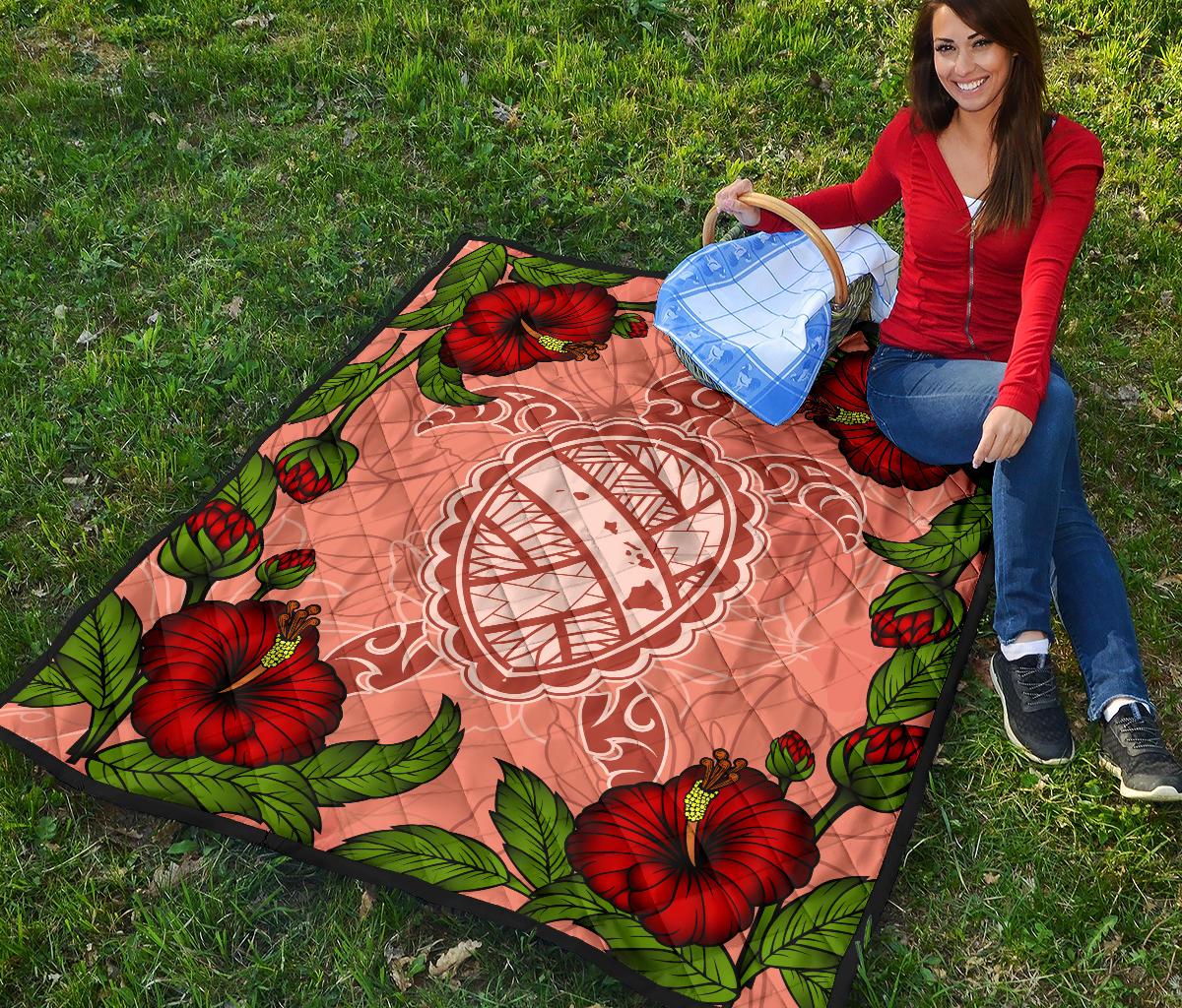 Hawaii Turtle Hibiscus Pink Premium Quilt - Polynesian Pride