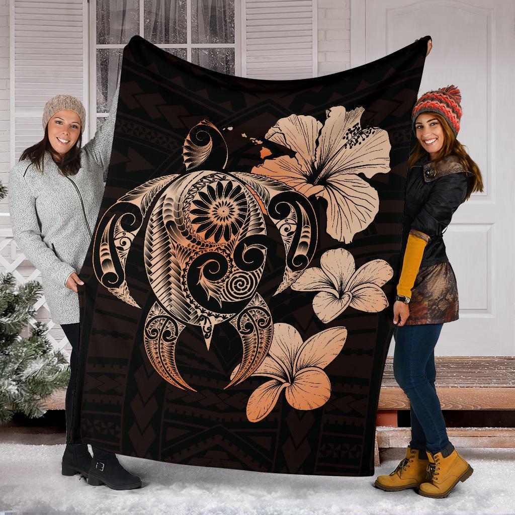 Hibiscus Plumeria Mix Polynesian Orange Turtle Premium Blanket - Polynesian Pride