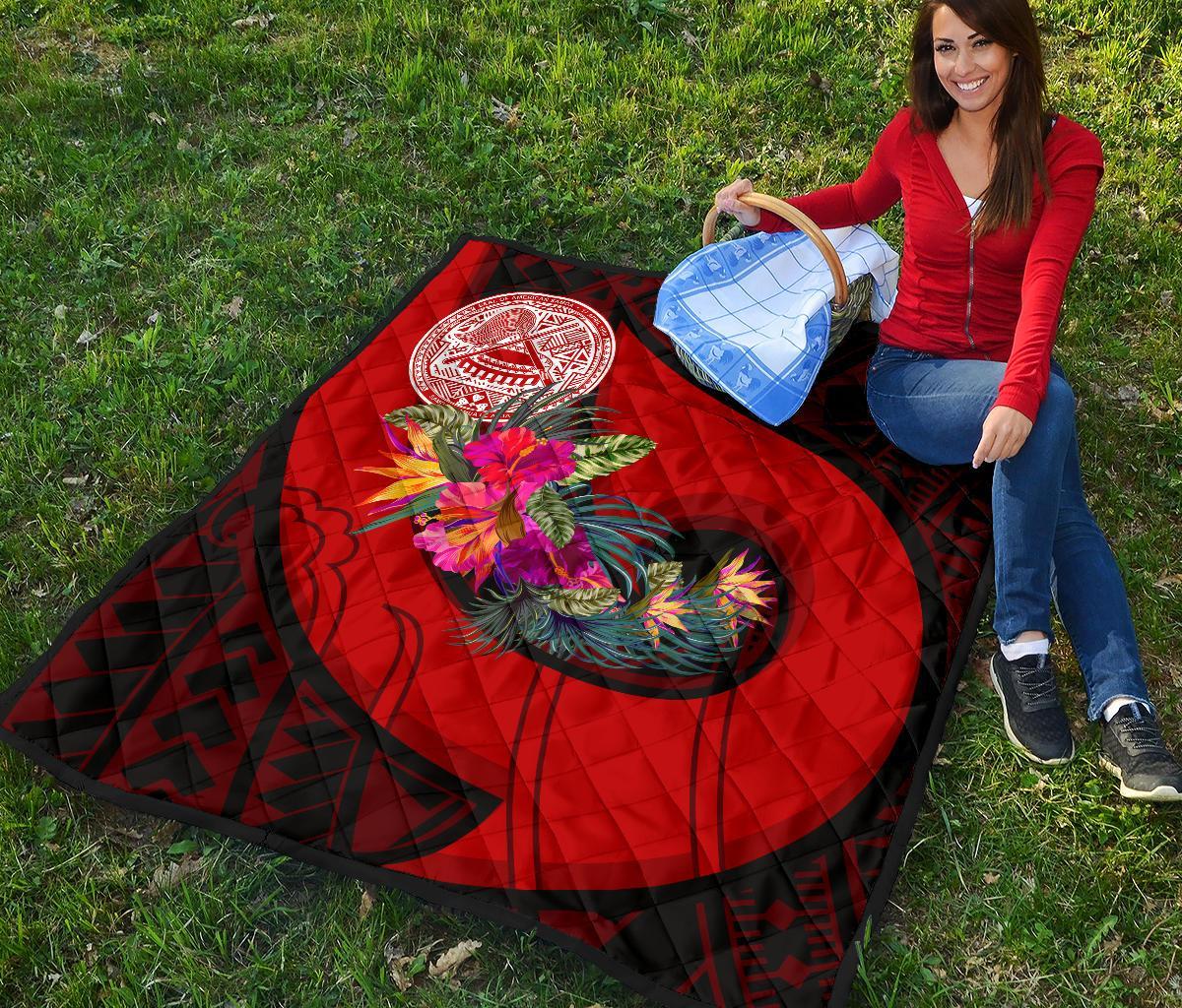 American Samoa Premium Quilt - Polynesian Hook And Hibiscus (Red) - Polynesian Pride