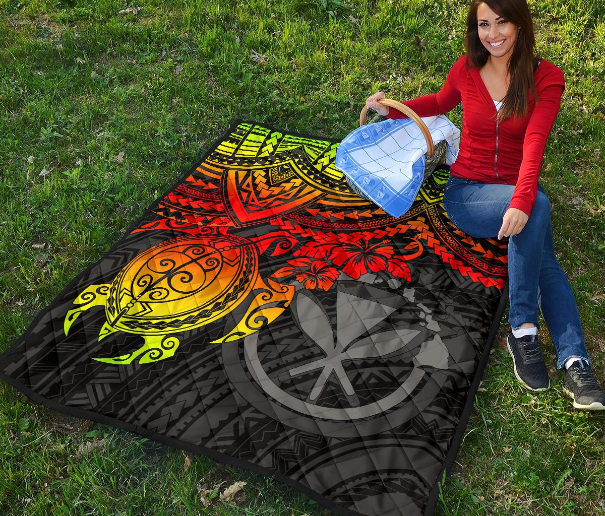 Hawaii Polynesian Premium Quilt - Kanaka Maoli & Reggae Turtle Hibiscus - Polynesian Pride