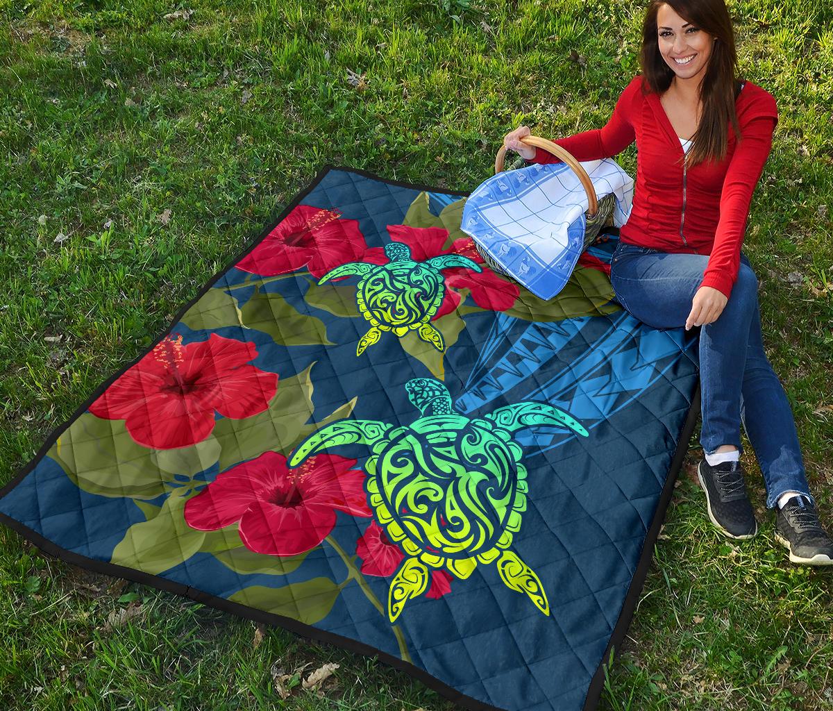 Hawaii Turtle Hibiscus Polynesian Premium Quilt - Bana Style - Polynesian Pride