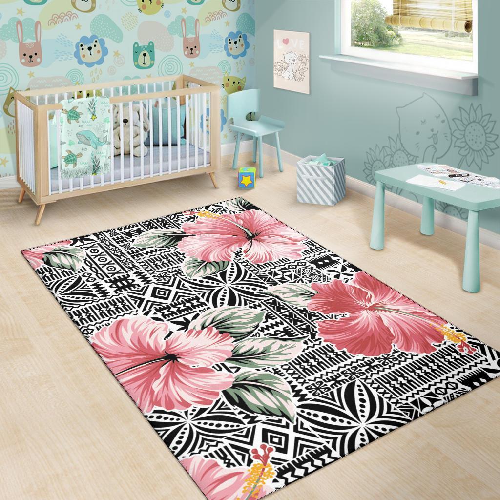 Polynesian Area Rug - Pink Hibiscus Flower With Hawaiian Tribal Motifs - Polynesian Pride