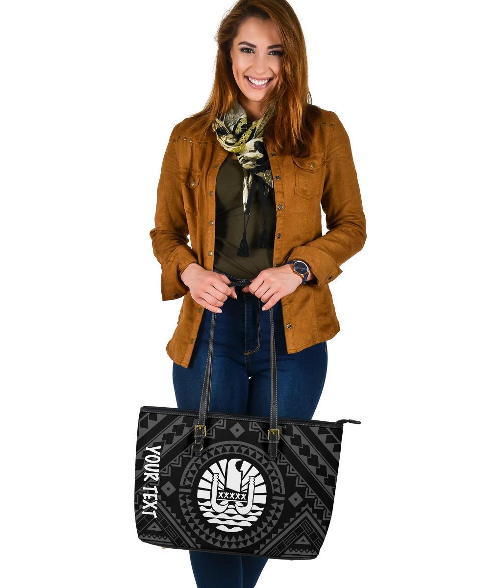 Tahiti Personalised Leather Tote Bag - Tahiti Seal In Polynesian Tattoo Style (Black) - Polynesian Pride