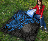 Northern Mariana Islands Polynesian Premium Quilt - Northern Mariana Islands Seal & Blue Turtle Hibiscus - Polynesian Pride