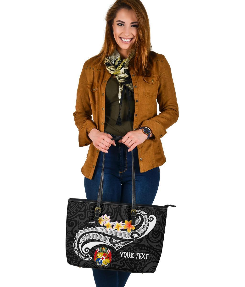 Tonga Custom Personalised Leather Tote Bag - Tonga Seal Polynesian Patterns Plumeria (Black) - Polynesian Pride