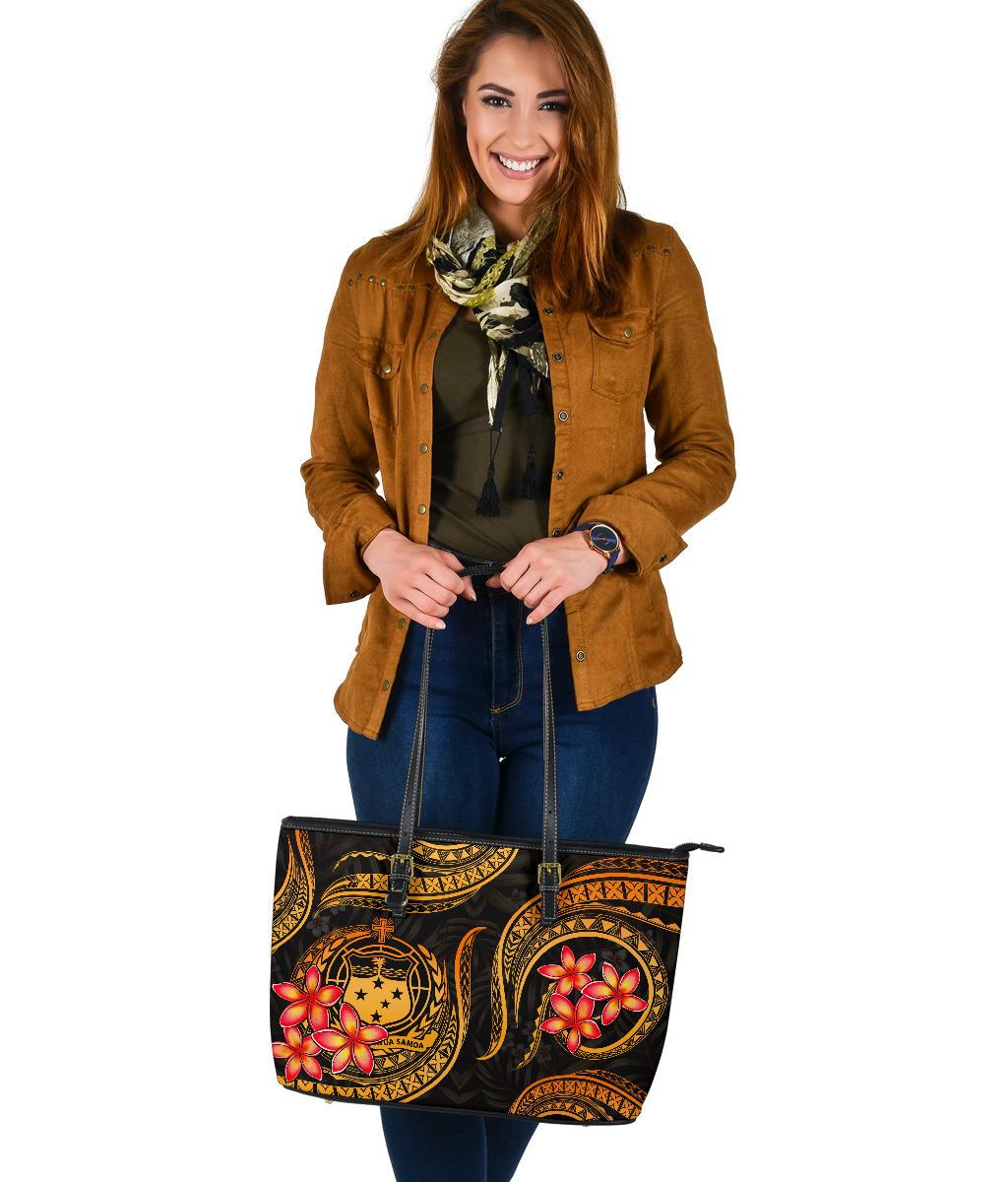 Samoa Polynesian Leather Tote Bag - Gold Plumeria - Polynesian Pride