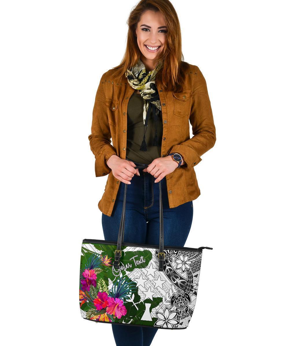 Kosrae Custom Personalised Large Leather Tote White - Turtle Plumeria Banana Leaf - Polynesian Pride