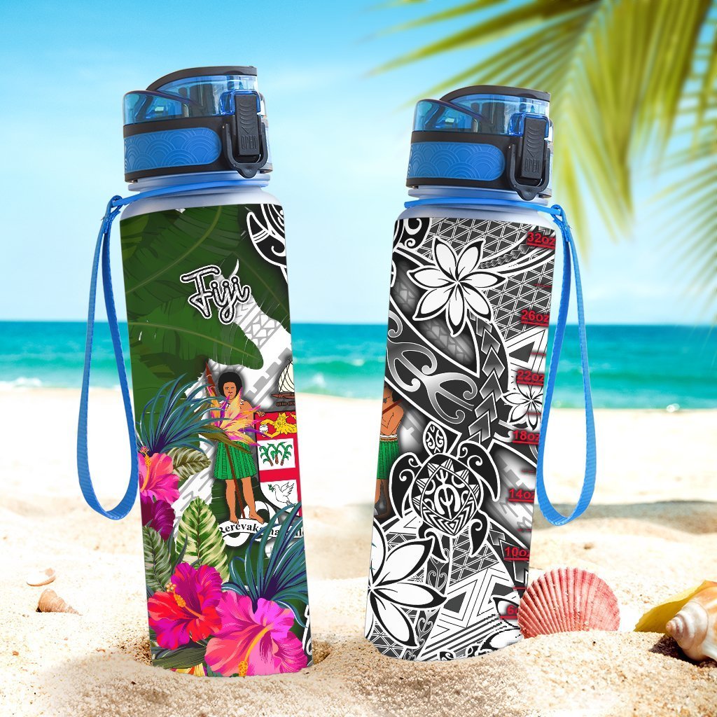 Fiji Hydro Tracking Bottle White - Turtle Plumeria Banana Leaf Crest - Polynesian Pride