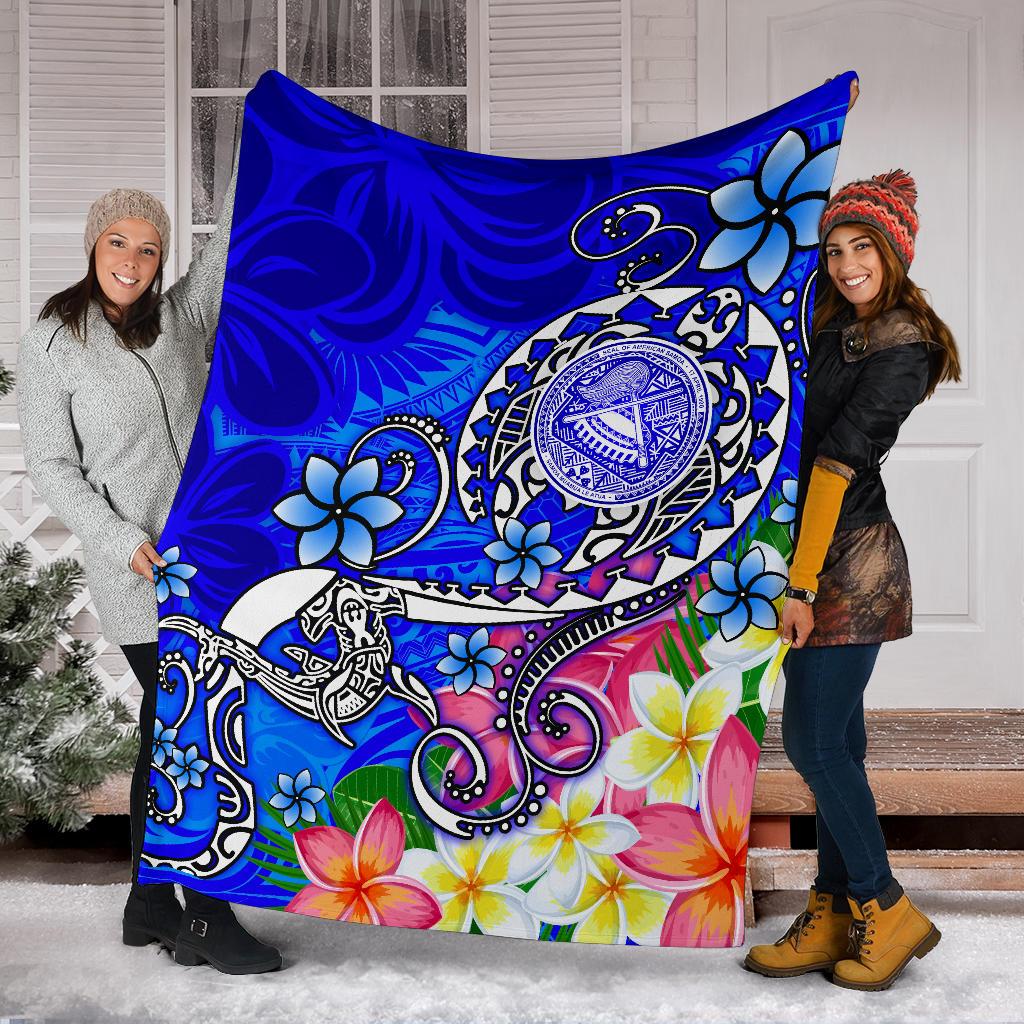 American Samoa Polynesian Premium Blanket - Turtle Plumeria (Blue) - Polynesian Pride