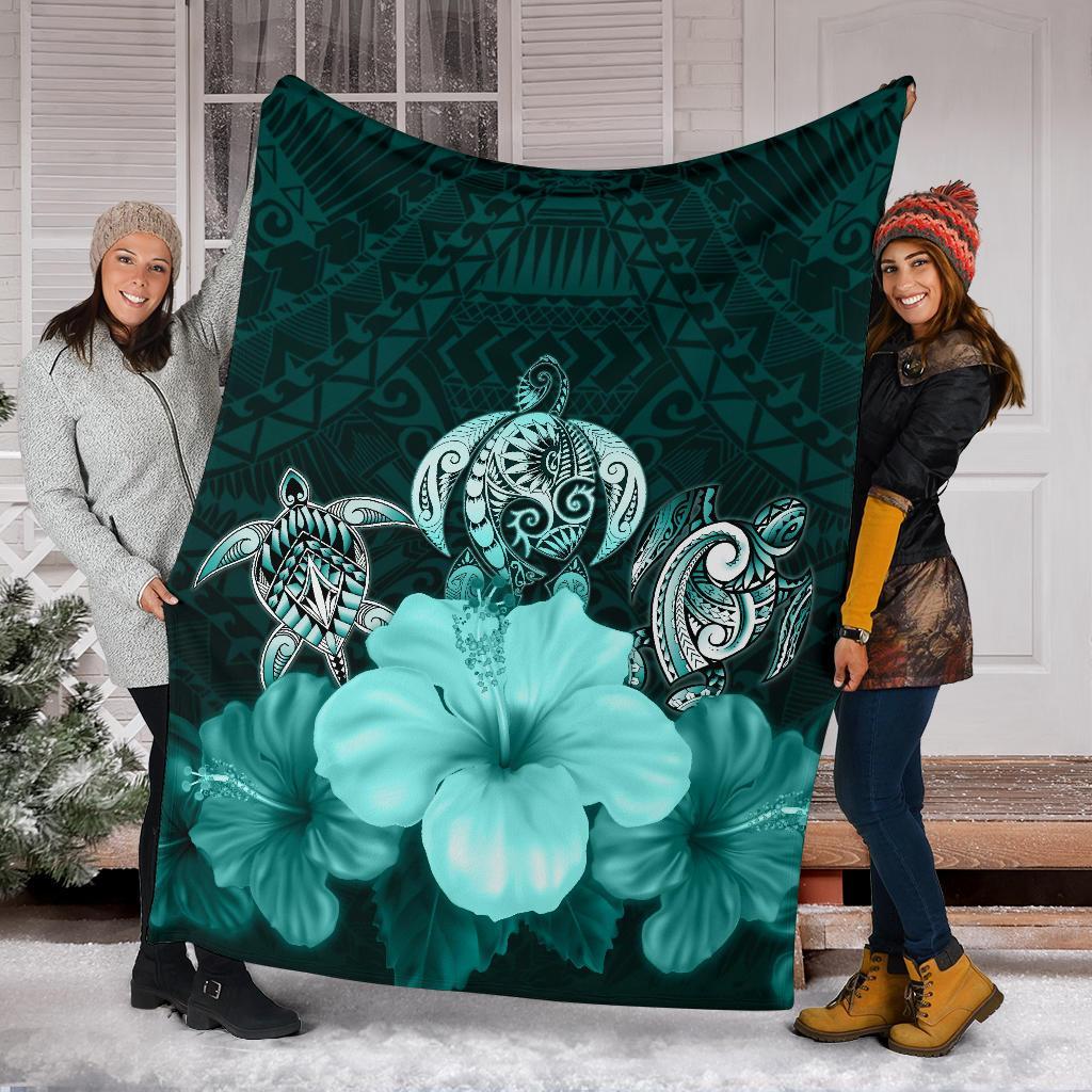 Polynesian Premium Blanket Turtle And Hibiscus Turquoise - Polynesian Pride