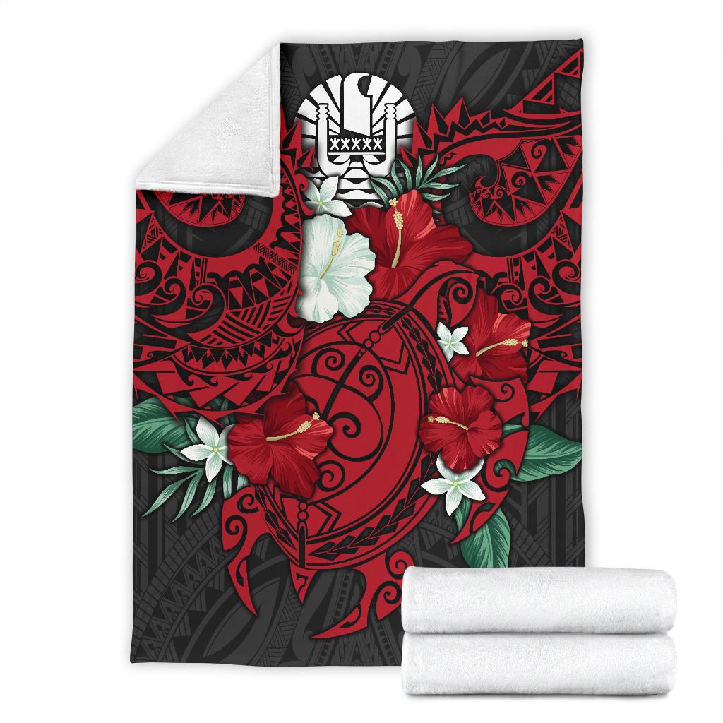 Tahiti Polynesian Premium Blanket - Hibiscus and Sea Turtle (Red) - Polynesian Pride