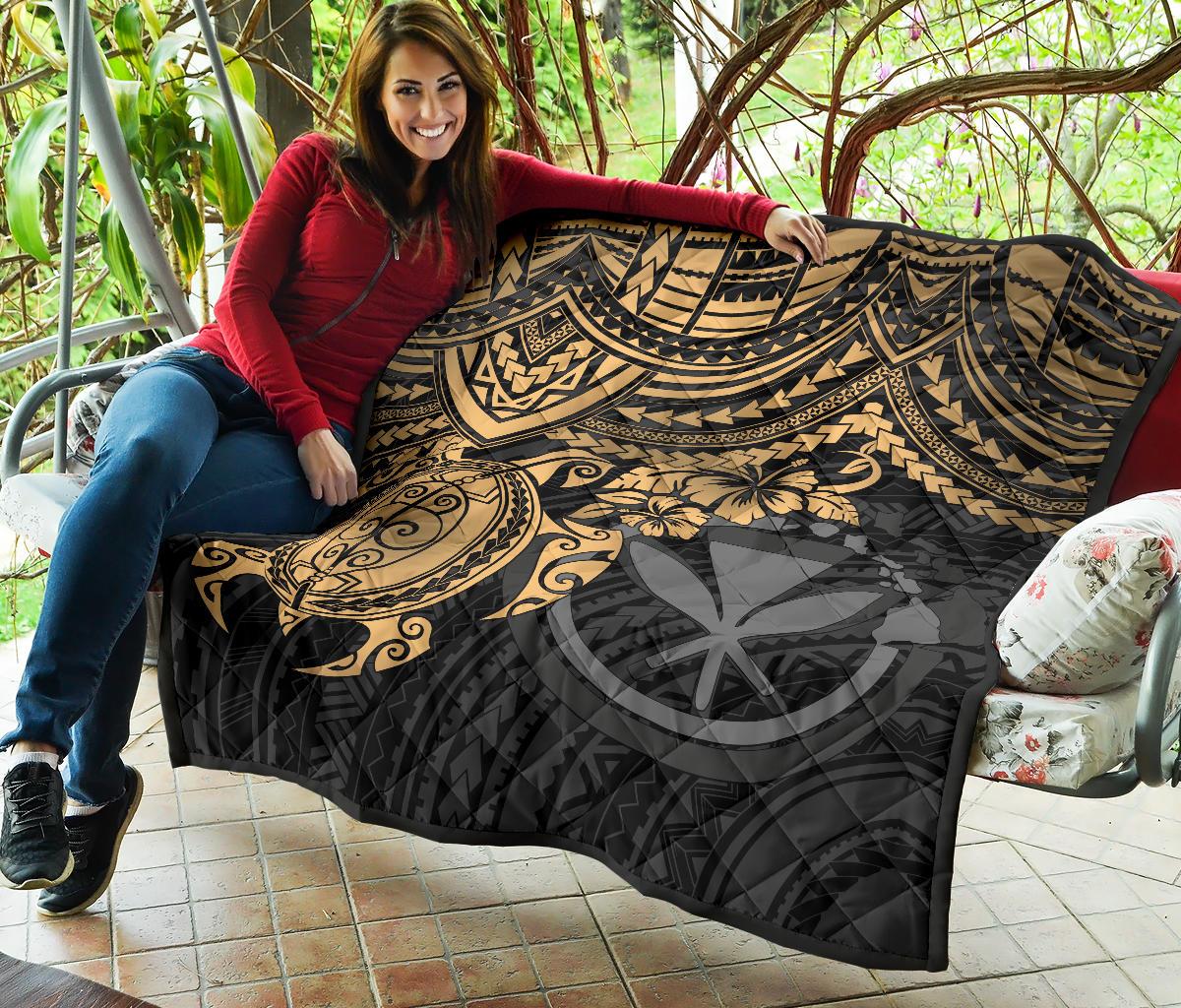 Hawaii Polynesian Premium Quilt - Kanaka Maoli & Gold Turtle Hibiscus - Polynesian Pride