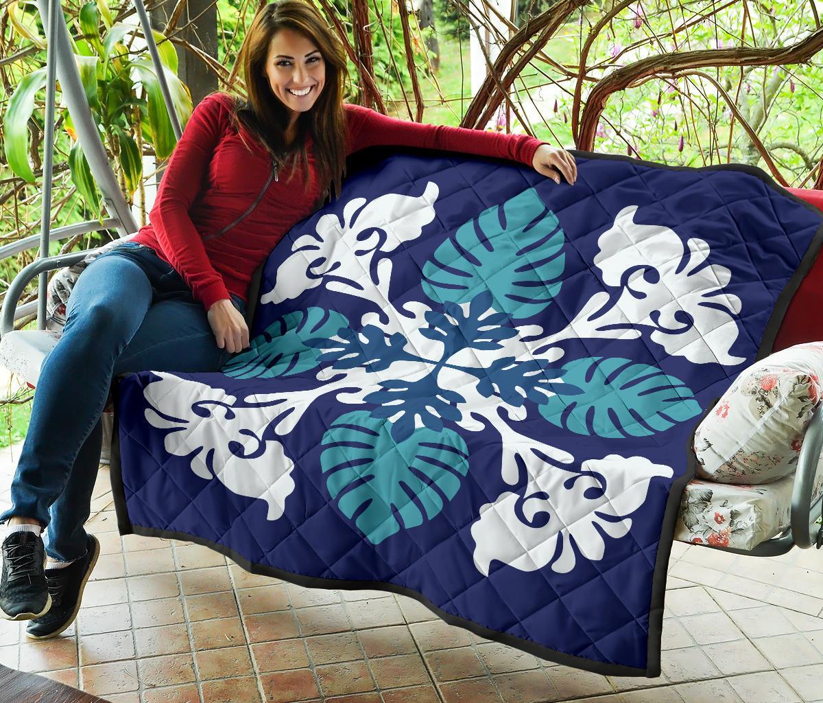 Hawaiian Leaves Tropical Pattern Premium Quilt - Blue - Argu Style - AH - Polynesian Pride