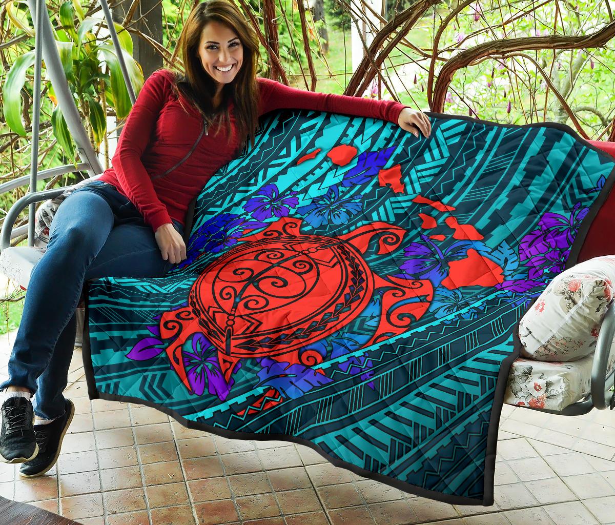 Hawaii Polynesian Premium Quilt - Hawaii Red Turtle Map & Purple Hibiscus - Polynesian Pride