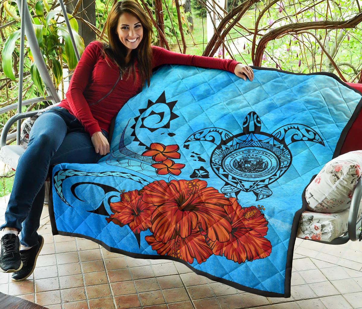 Hawaiian Map Kanaka Sea Turtle Seal Of Hawaii Hibiscus Plumeria Polynesian Quilt - Polynesian Pride