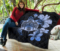 Hawaiian Kanaka Hibiscus Plumeria Mix Polynesian Turtle Premium Quilt Blue AH - Polynesian Pride