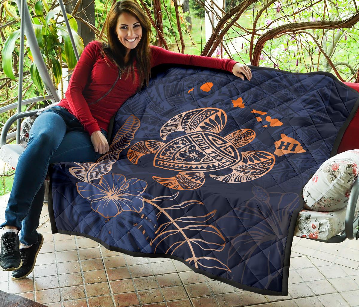 Personalized - Hawaii Kakau Polynesian Turtle Map Premium Quilt - Indigo Special Edition - Polynesian Pride