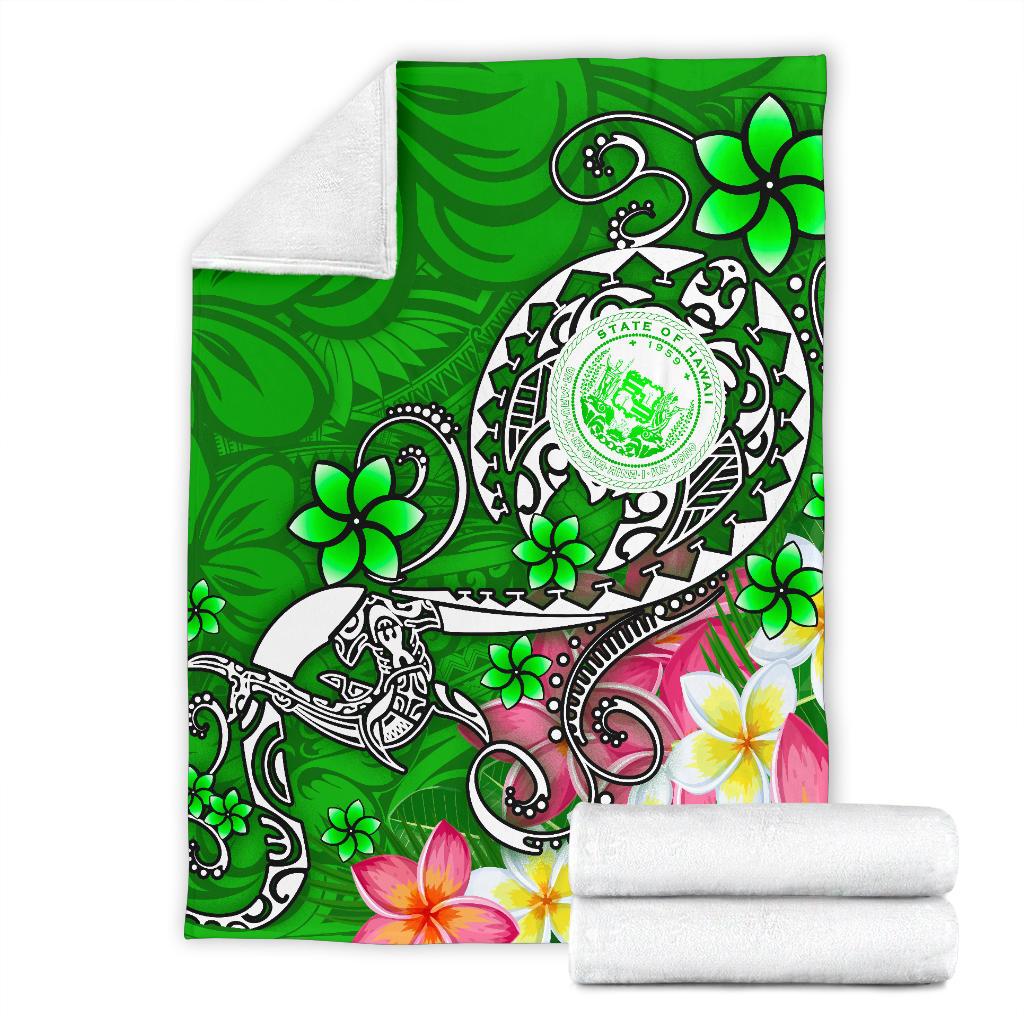 Hawaii Polynesian Premium Blankets - Hawaii Seal With Turtle Plumeria (Green) - Polynesian Pride