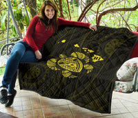 Hawaii Turtle Hibicus Map Premium Quilt - Yellow - Polynesian Pride