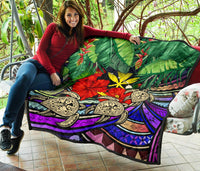 Kanaka Maoli (Hawaiian) Premium Quilt - Polynesian Turtle Colorful And Hibiscus - Polynesian Pride
