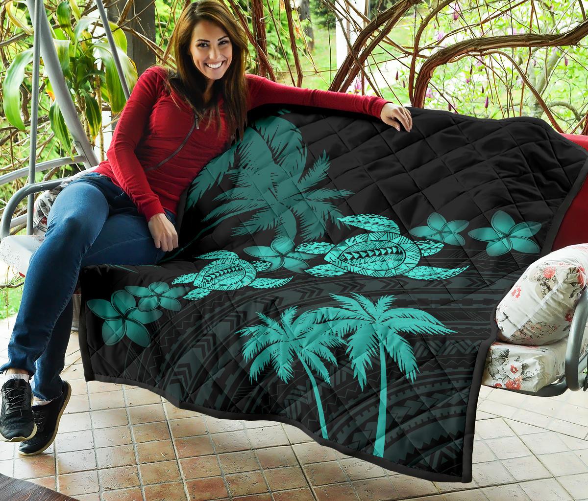 Hawaii Turtle Plumeria Coconut Tree Polynesian Premium Quilt - Turquoise - Polynesian Pride