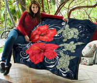 Hawaii Deep Blue Hibiscus Turtle Premium Quilt - AH - Mike Style - Polynesian Pride