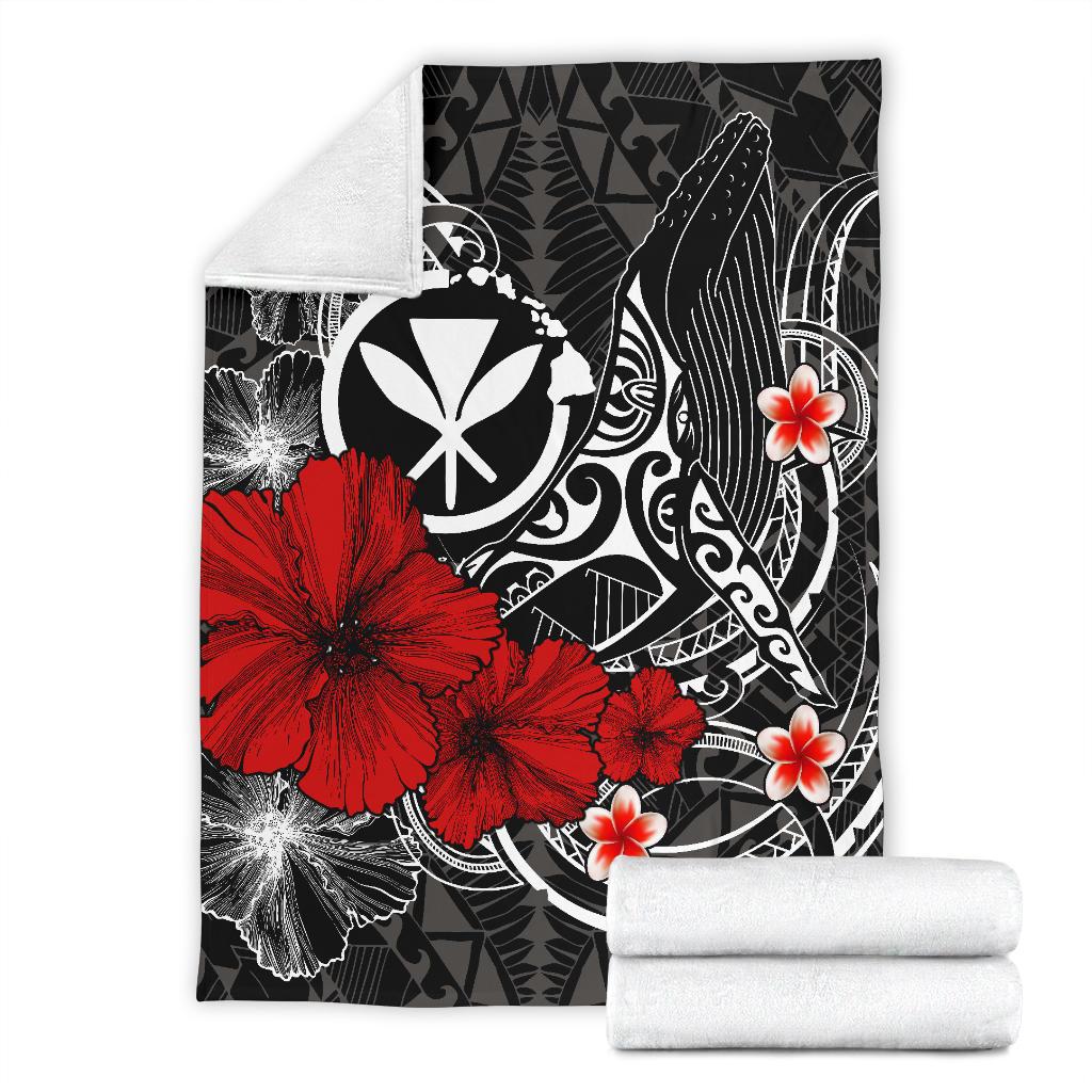 Polynesian Hawaii Kanaka Maoli Premium Blanket - Humpback Whale with Hibiscus (White) - Polynesian Pride